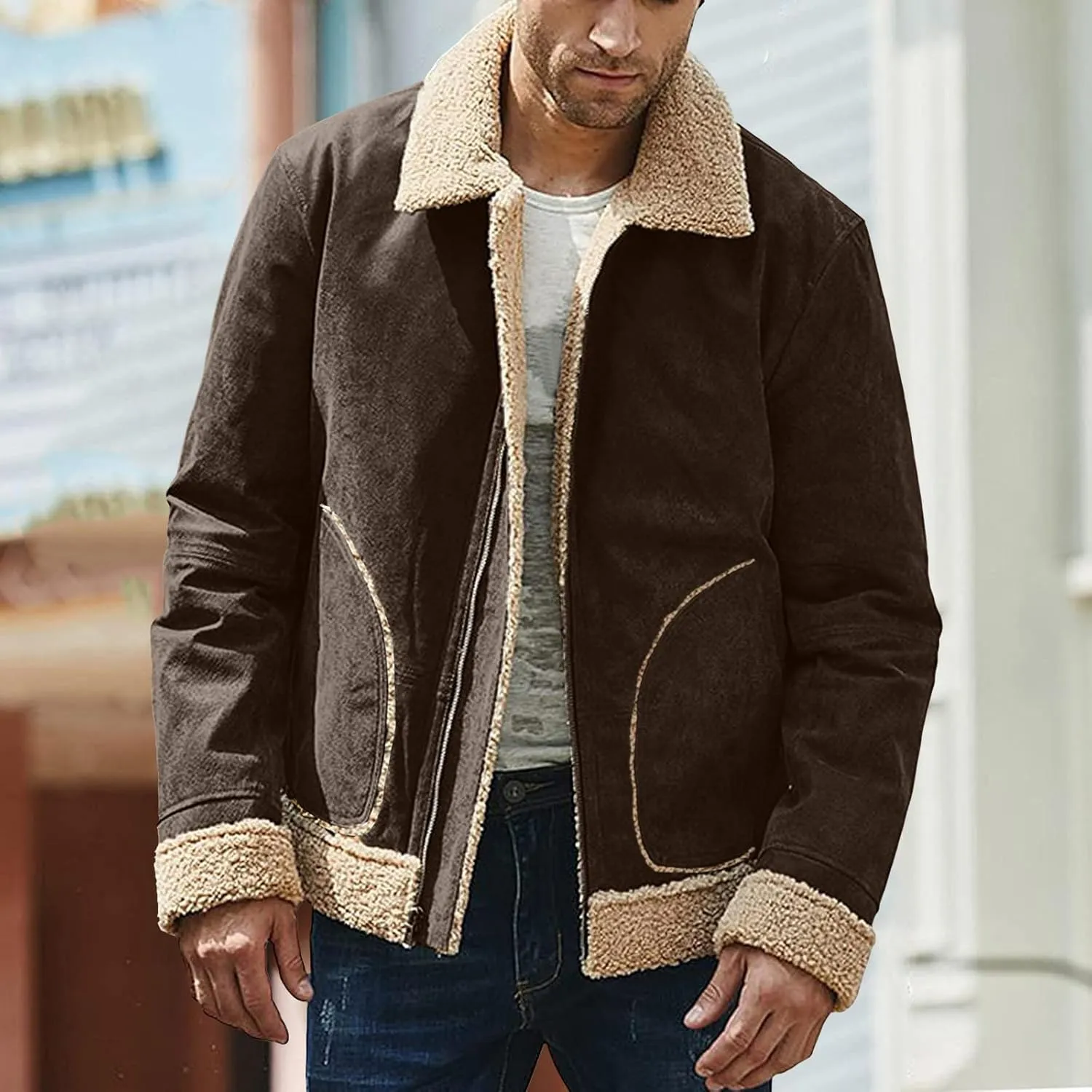 Jackets for Men Vintage Lightweight Suede Bomber Jackets Thicked Sherpa Fleece Lined Retro Varsity Coat Outwear Top