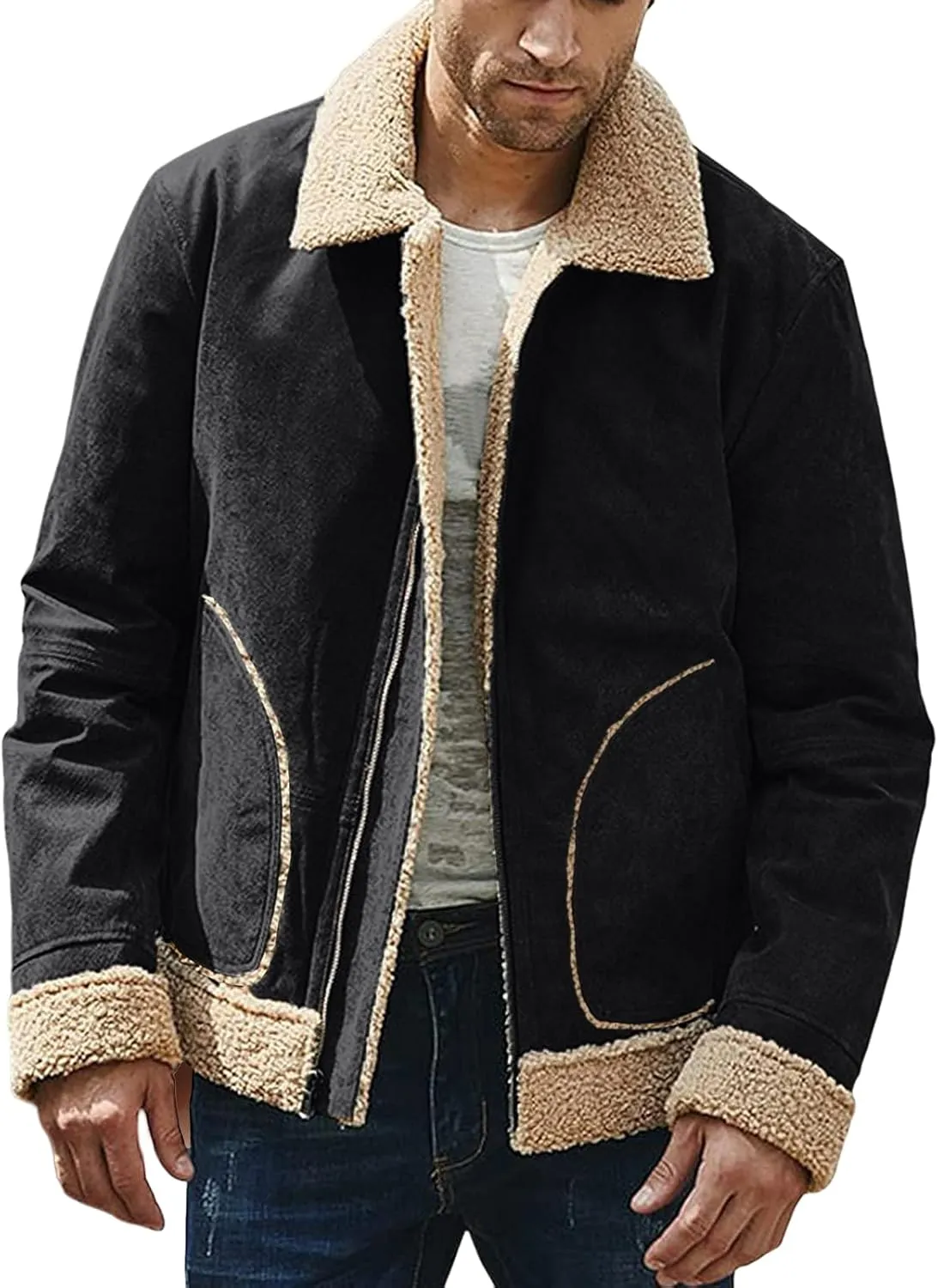 Jackets for Men Vintage Lightweight Suede Bomber Jackets Thicked Sherpa Fleece Lined Retro Varsity Coat Outwear Top