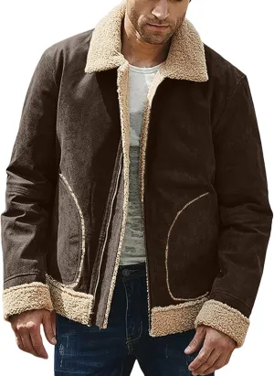 Jackets for Men Vintage Lightweight Suede Bomber Jackets Thicked Sherpa Fleece Lined Retro Varsity Coat Outwear Top