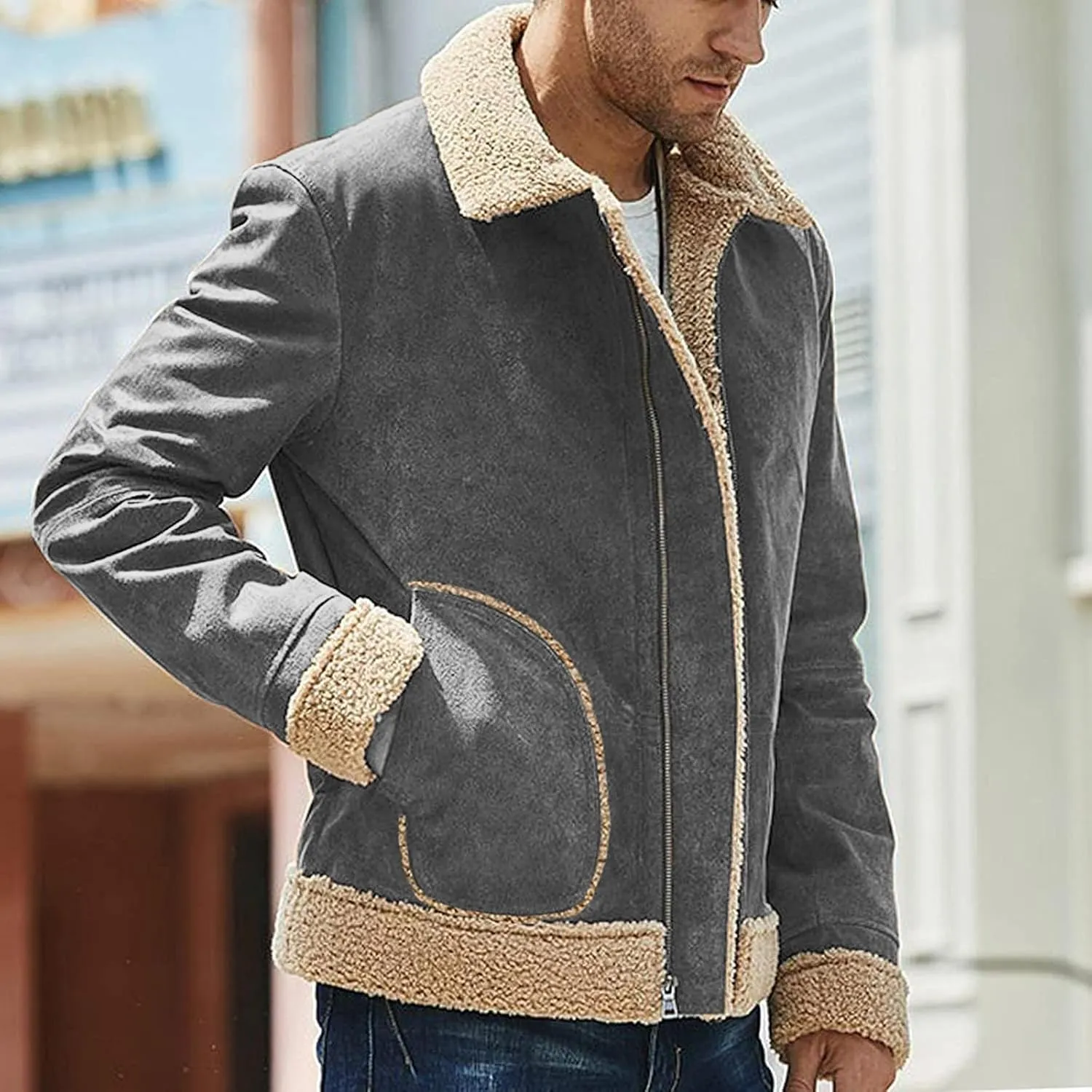 Jackets for Men Vintage Lightweight Suede Bomber Jackets Thicked Sherpa Fleece Lined Retro Varsity Coat Outwear Top