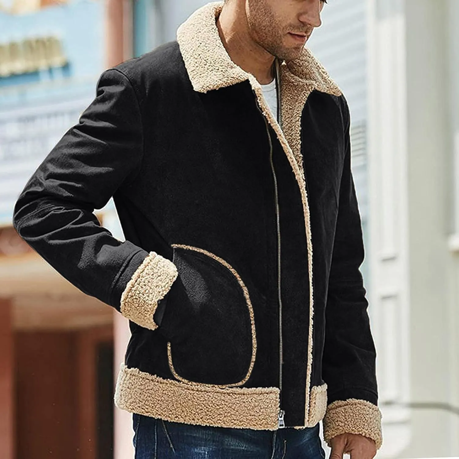 Jackets for Men Vintage Lightweight Suede Bomber Jackets Thicked Sherpa Fleece Lined Retro Varsity Coat Outwear Top