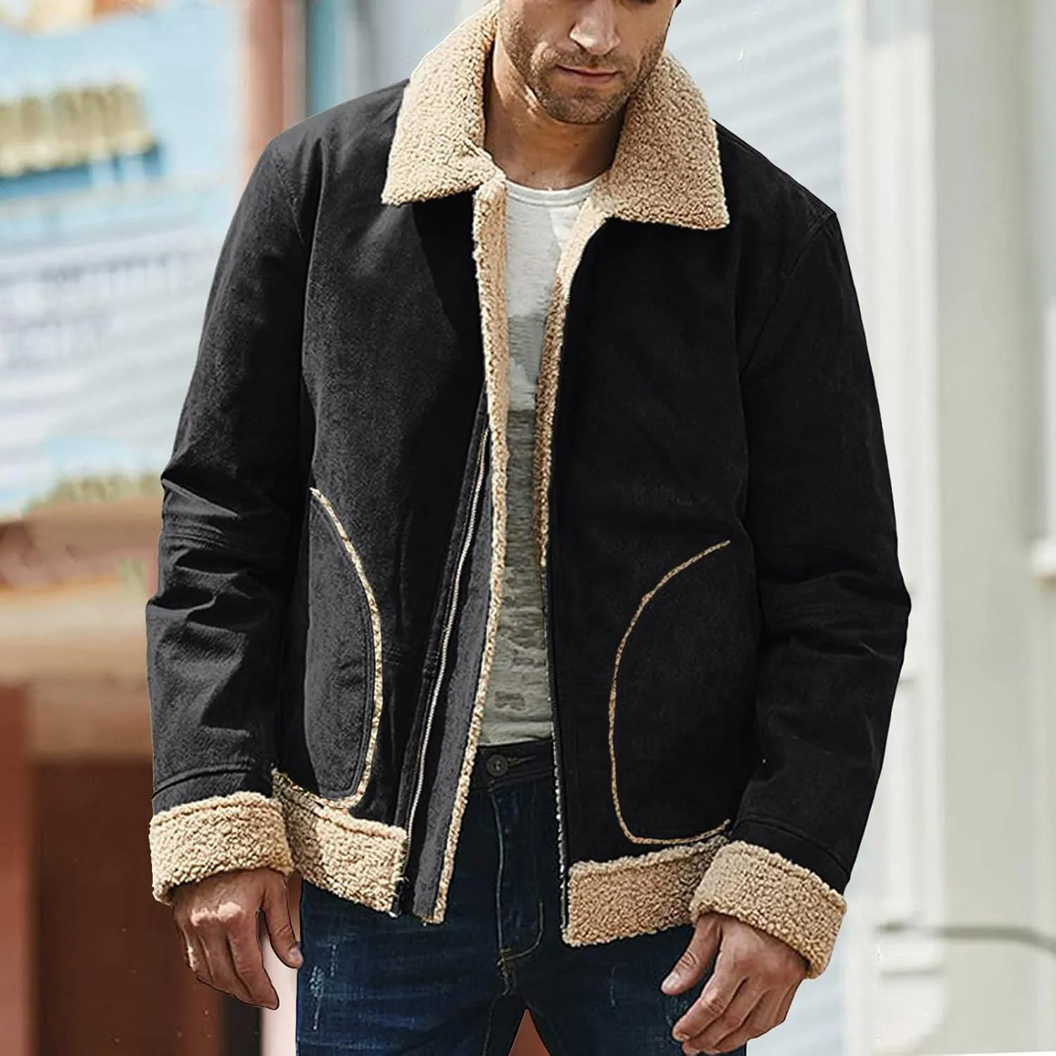 Jackets for Men Vintage Lightweight Suede Bomber Jackets Thicked Sherpa Fleece Lined Retro Varsity Coat Outwear Top
