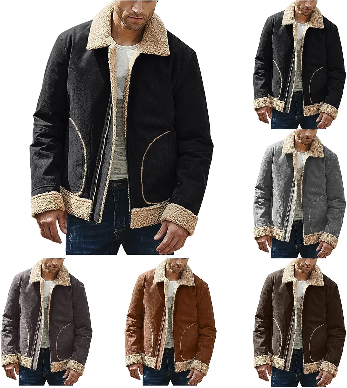 Jackets for Men Vintage Lightweight Suede Bomber Jackets Thicked Sherpa Fleece Lined Retro Varsity Coat Outwear Top