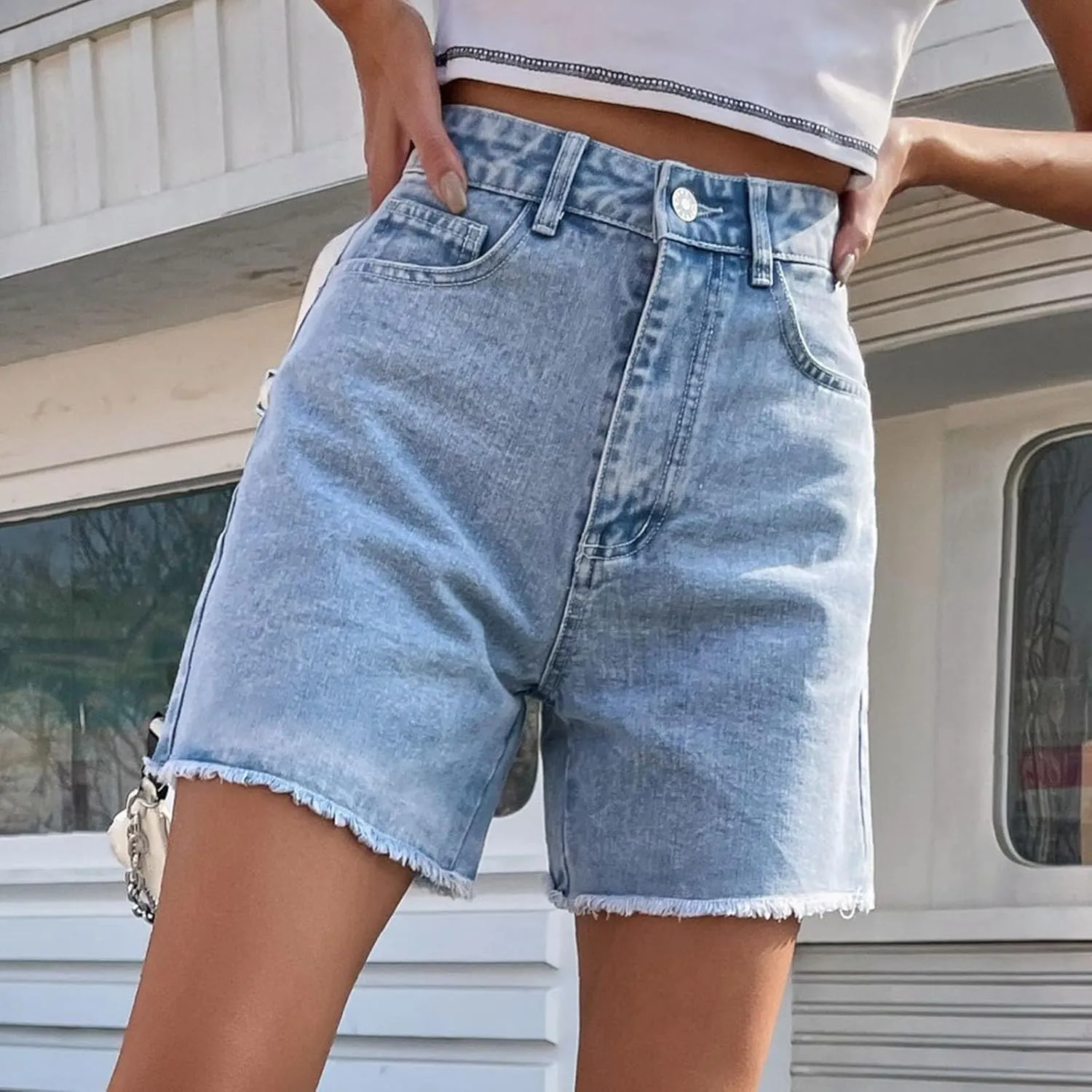 Jean Shorts for Women High Waisted Stretch Frayed Raw Hem Pockets Denim Short Summer Trendy Loose Comfy Casual Short Black L