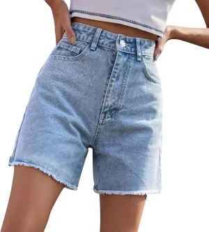 Jean Shorts for Women High Waisted Stretch Frayed Raw Hem Pockets Denim Short Summer Trendy Loose Comfy Casual Short Black L