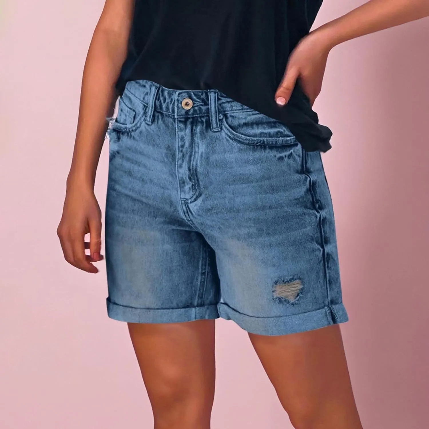 Jean Shorts Womens 2025 Trendy Solid Color Elastic Waist Denim Short Ripped Distressed Folded Hem Jorts with Pockets