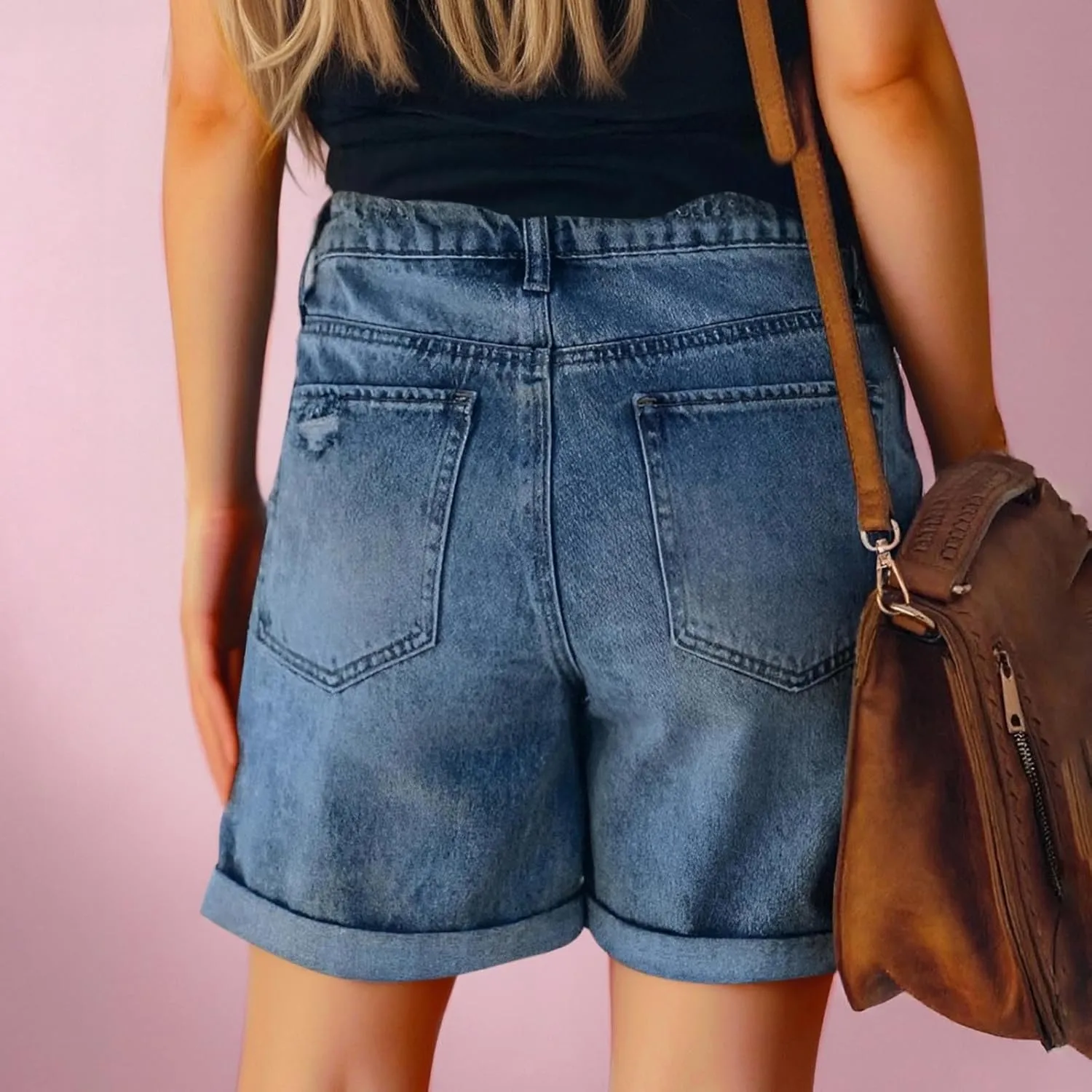 Jean Shorts Womens 2025 Trendy Solid Color Elastic Waist Denim Short Ripped Distressed Folded Hem Jorts with Pockets