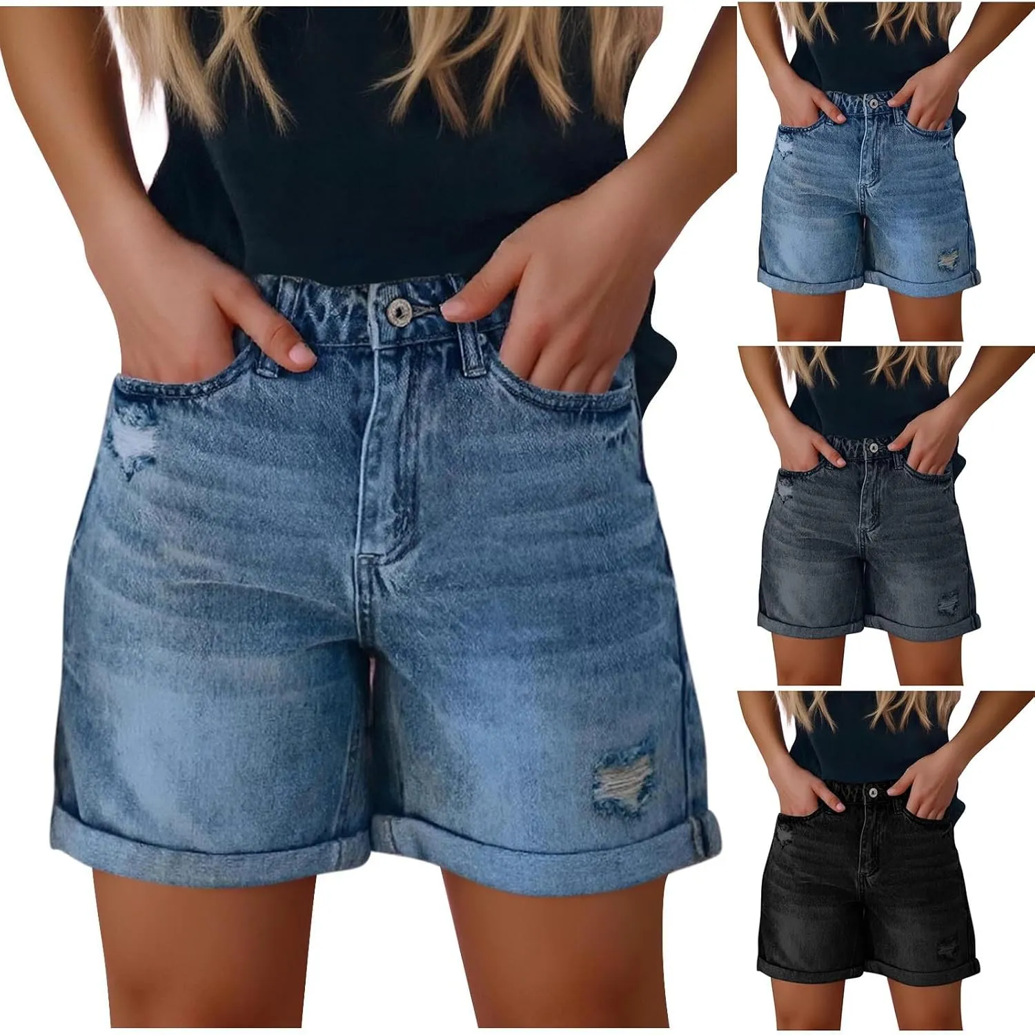 Jean Shorts Womens 2025 Trendy Solid Color Elastic Waist Denim Short Ripped Distressed Folded Hem Jorts with Pockets
