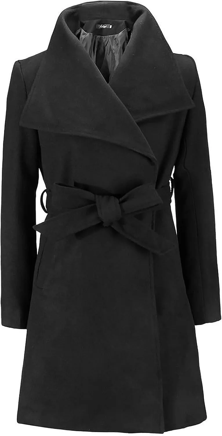 JOAU 2023 Winter Womens Wool Blend Midi Trench Coat Open Front Cardigan Peacoat Casual Elegant Solid Lapel Belted Overcoat