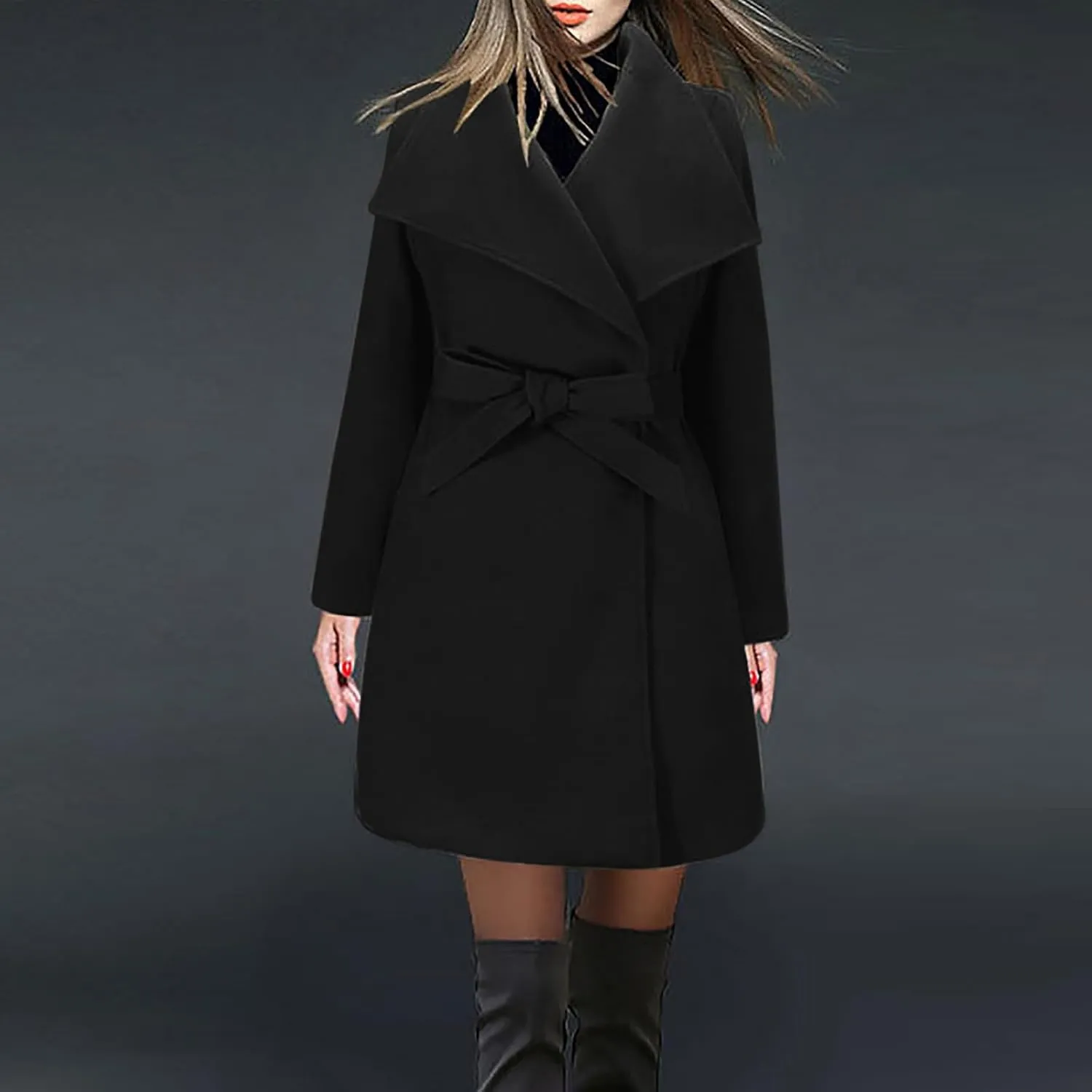 JOAU 2023 Winter Womens Wool Blend Midi Trench Coat Open Front Cardigan Peacoat Casual Elegant Solid Lapel Belted Overcoat