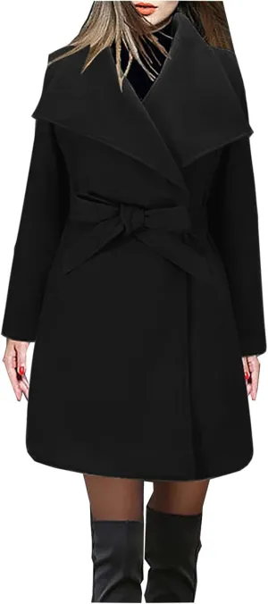 JOAU 2023 Winter Womens Wool Blend Midi Trench Coat Open Front Cardigan Peacoat Casual Elegant Solid Lapel Belted Overcoat