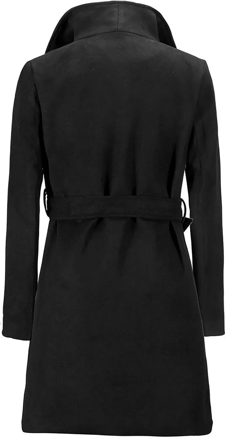 JOAU 2023 Winter Womens Wool Blend Midi Trench Coat Open Front Cardigan Peacoat Casual Elegant Solid Lapel Belted Overcoat