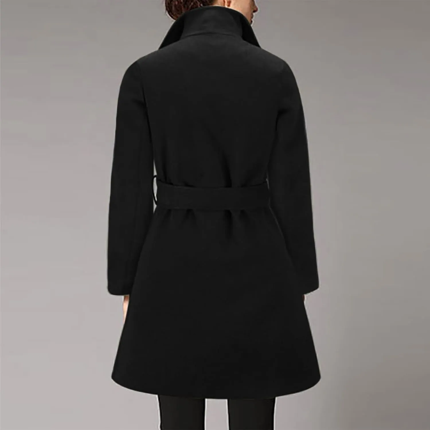 JOAU 2023 Winter Womens Wool Blend Midi Trench Coat Open Front Cardigan Peacoat Casual Elegant Solid Lapel Belted Overcoat