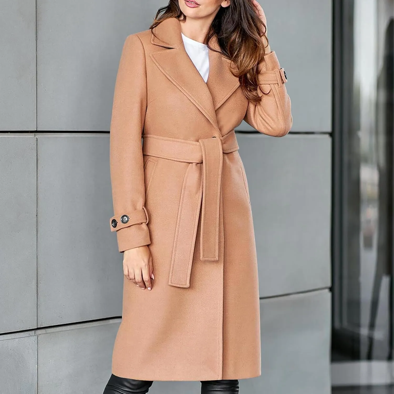 JOAU Women Elegant Notched Lapel Collar Double Breasted Regular Trench Coat Wool Blend Classic-Fit Overcoat Belted Pea Coat