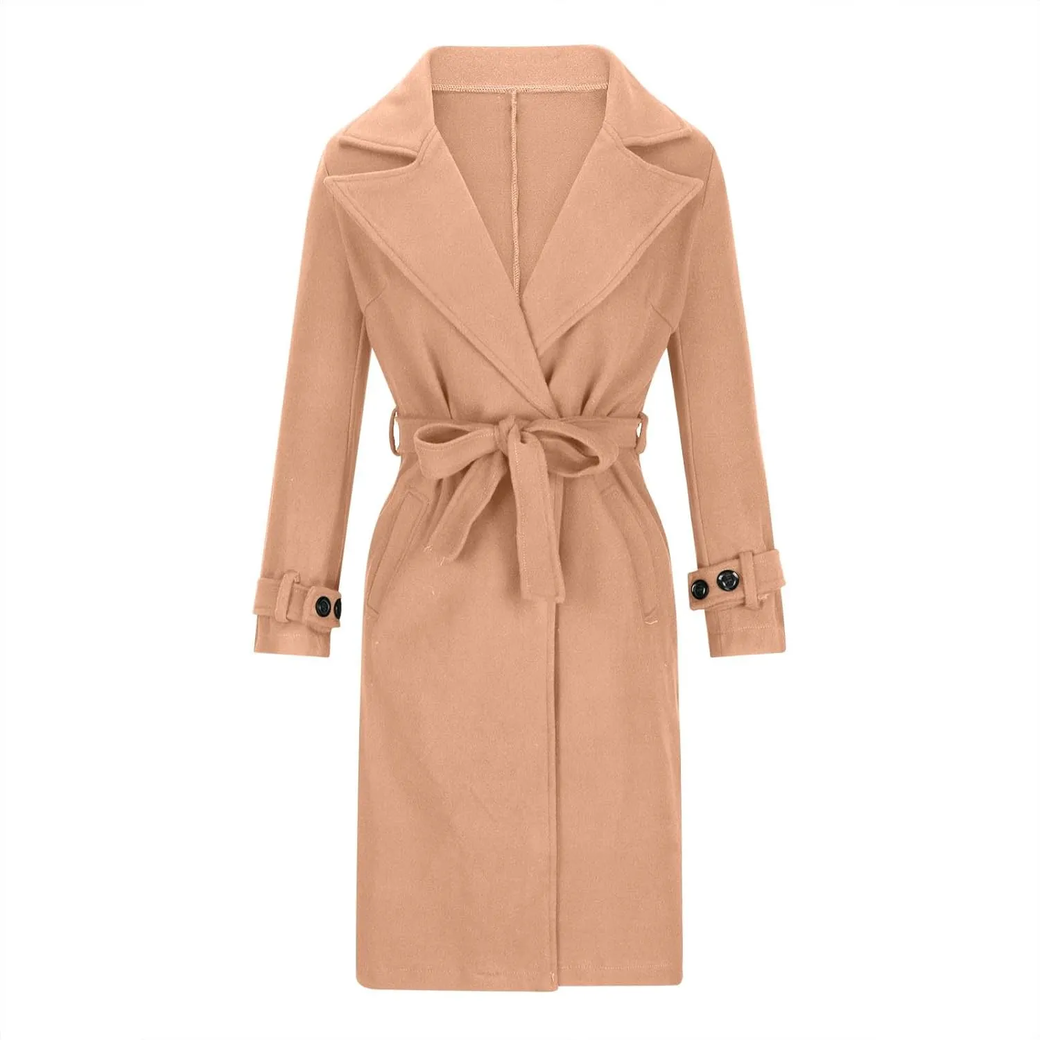 JOAU Women Elegant Notched Lapel Collar Double Breasted Regular Trench Coat Wool Blend Classic-Fit Overcoat Belted Pea Coat
