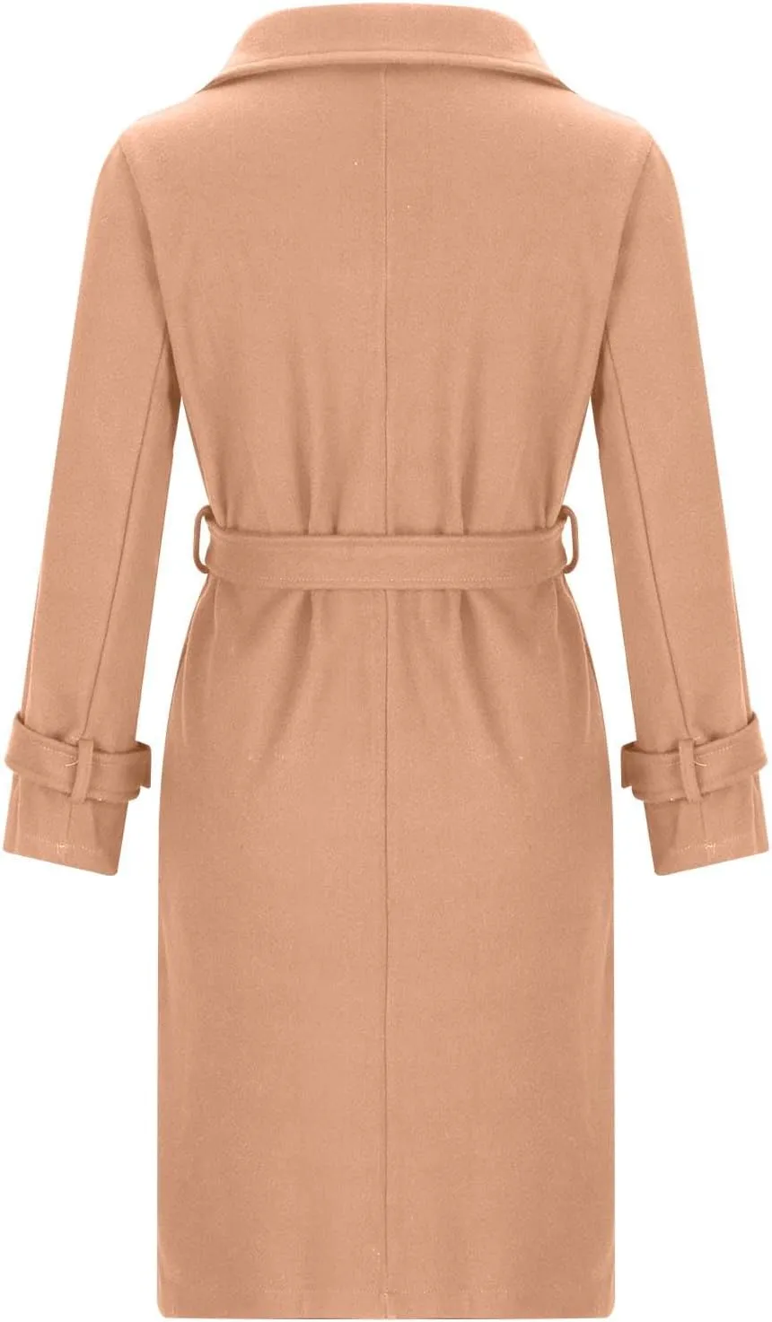 JOAU Women Elegant Notched Lapel Collar Double Breasted Regular Trench Coat Wool Blend Classic-Fit Overcoat Belted Pea Coat