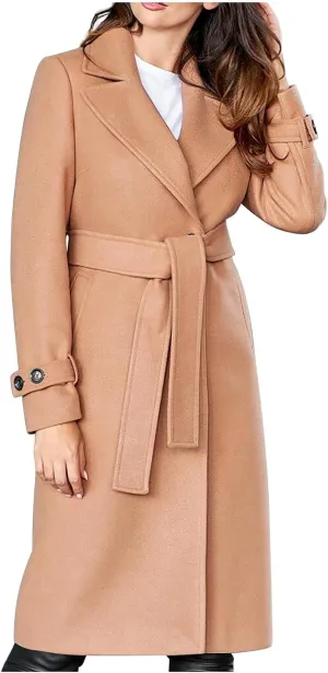 JOAU Women Elegant Notched Lapel Collar Double Breasted Regular Trench Coat Wool Blend Classic-Fit Overcoat Belted Pea Coat