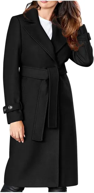 JOAU Women Elegant Notched Lapel Collar Double Breasted Regular Trench Coat Wool Blend Classic-Fit Overcoat Belted Pea Coat