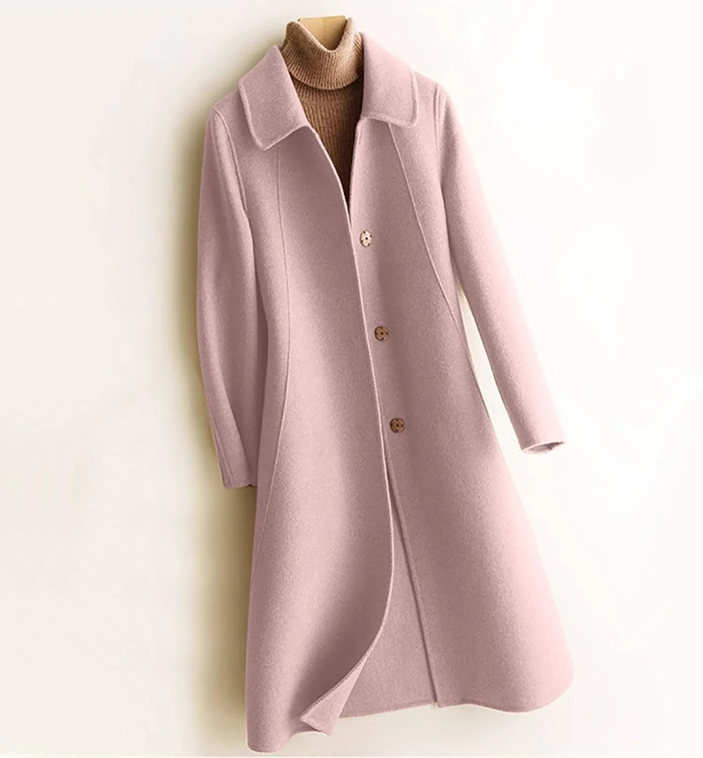 JOAU Women's Mid-Length Trench Coat Casual Fashion Slim Fit Lapel Button Down Wool Blend Pea Coats Elegant Overcoat Jackets