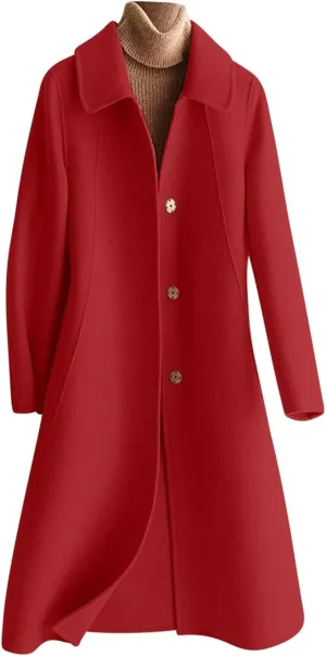 JOAU Women's Mid-Length Trench Coat Casual Fashion Slim Fit Lapel Button Down Wool Blend Pea Coats Elegant Overcoat Jackets