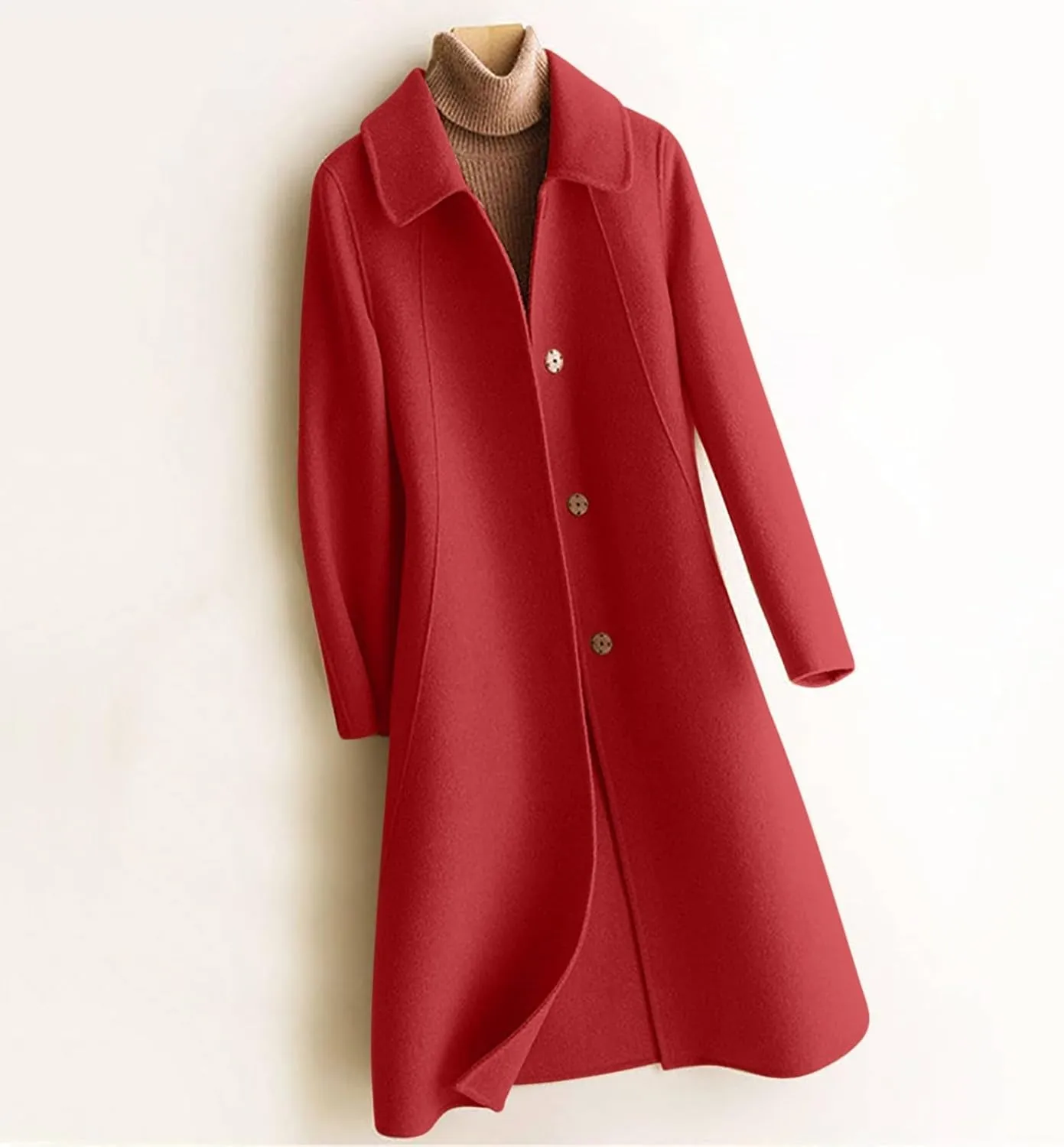 JOAU Women's Mid-Length Trench Coat Casual Fashion Slim Fit Lapel Button Down Wool Blend Pea Coats Elegant Overcoat Jackets