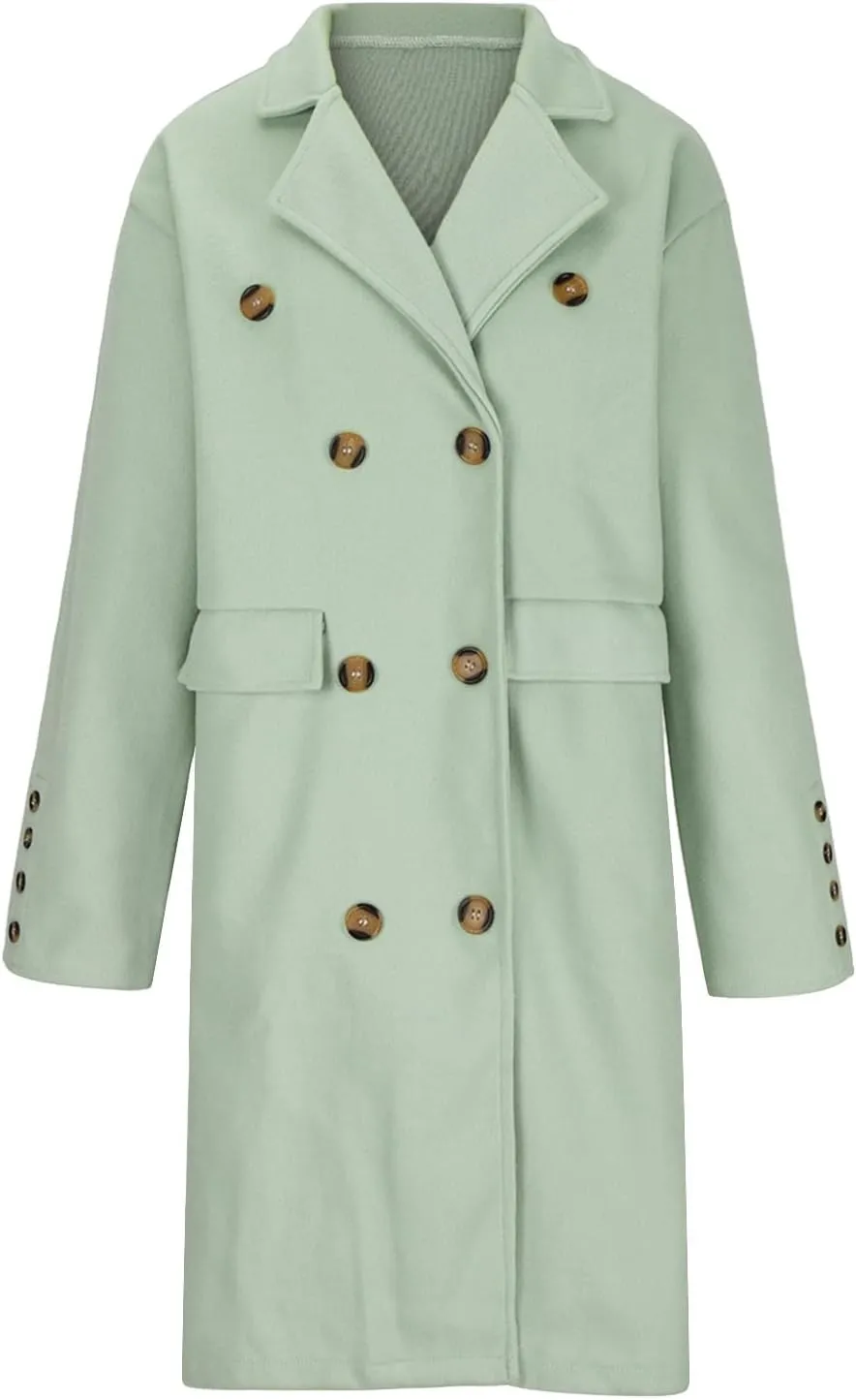 JOAU Women's Notch Lapel Double Breasted Wool Blend Peacoat Mid-Long Winter Warm Trench Coat Fashion Comfy Overcoat Jackets