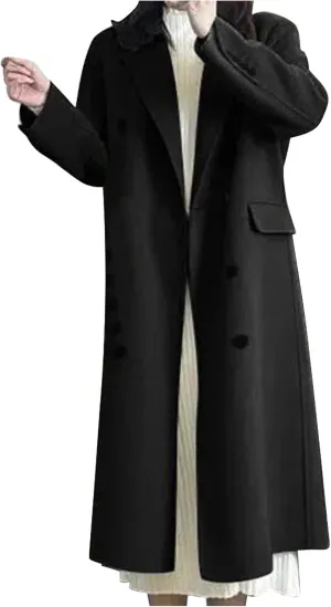 JOAU Women's Notch Lapel Double Breasted Wool Blend Peacoat Mid-Long Winter Warm Trench Coat Fashion Comfy Overcoat Jackets