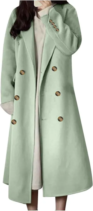 JOAU Women's Notch Lapel Double Breasted Wool Blend Peacoat Mid-Long Winter Warm Trench Coat Fashion Comfy Overcoat Jackets