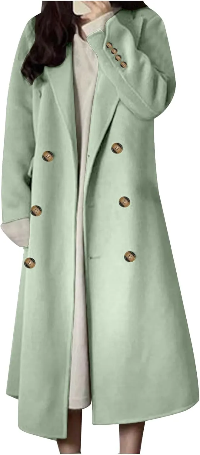 JOAU Women's Notch Lapel Double Breasted Wool Blend Peacoat Mid-Long Winter Warm Trench Coat Fashion Comfy Overcoat Jackets