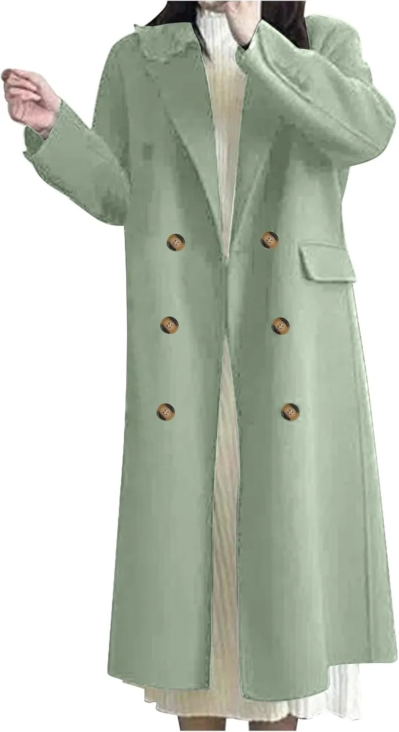 JOAU Women's Notch Lapel Double Breasted Wool Blend Peacoat Mid-Long Winter Warm Trench Coat Fashion Comfy Overcoat Jackets
