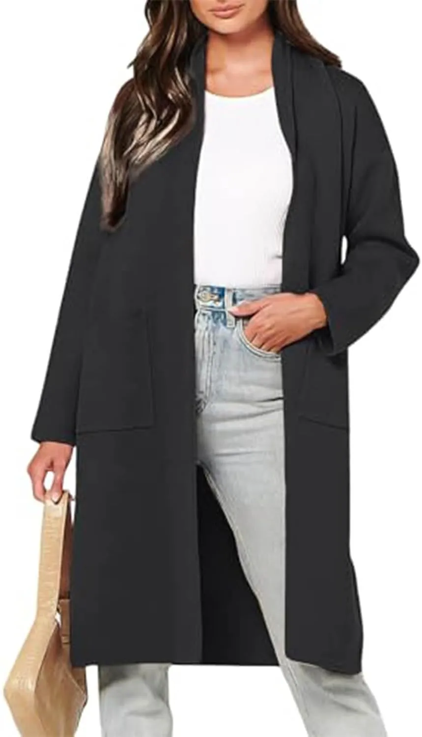 JOAU Women's Wool Blend Cardigan Trench Coat Casual Open Front Shawl Neck Midi Long Pea Coats Jackets Overcoat with Pockets