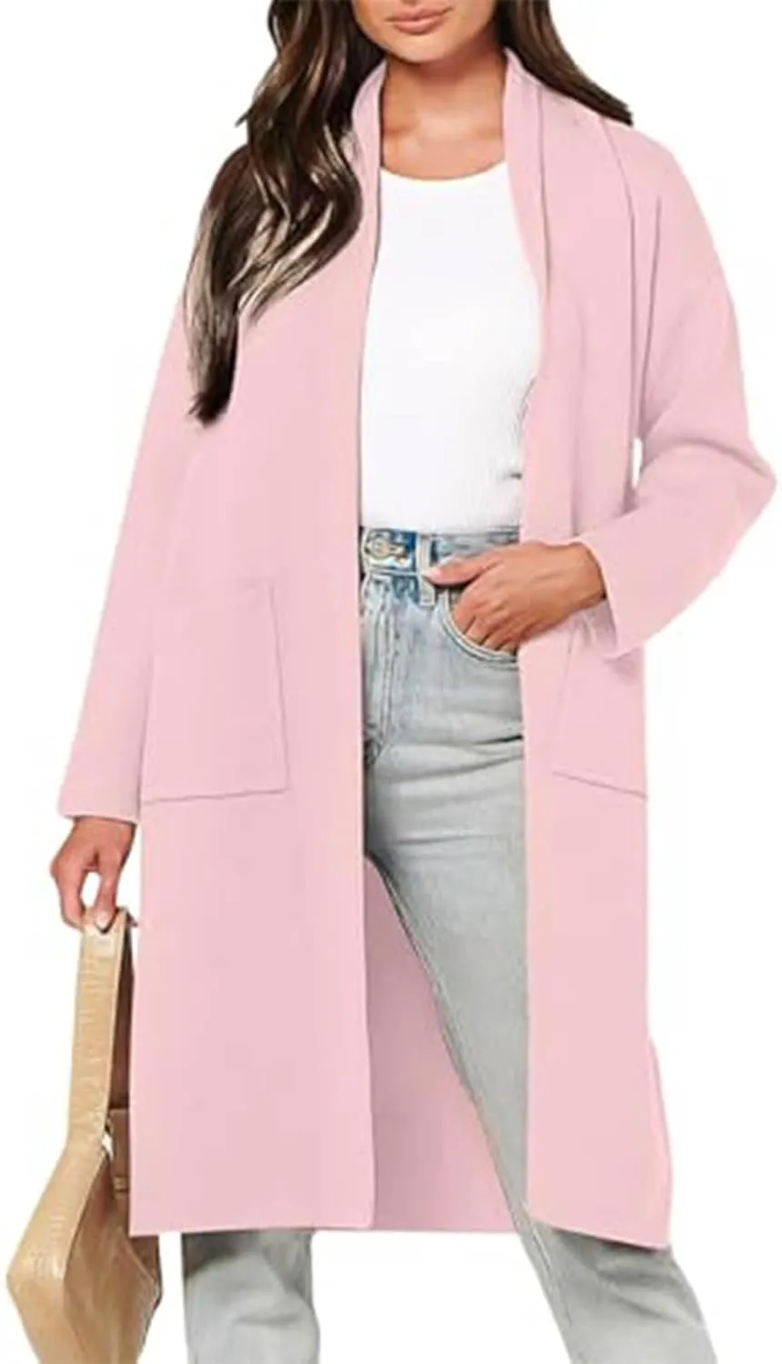 JOAU Women's Wool Blend Cardigan Trench Coat Casual Open Front Shawl Neck Midi Long Pea Coats Jackets Overcoat with Pockets