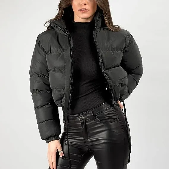 KELYWELL Women Winter Cropped Puffer Jacket Long Sleeve Stand Collar Padded Down Coats Winter Warm Short Outwear