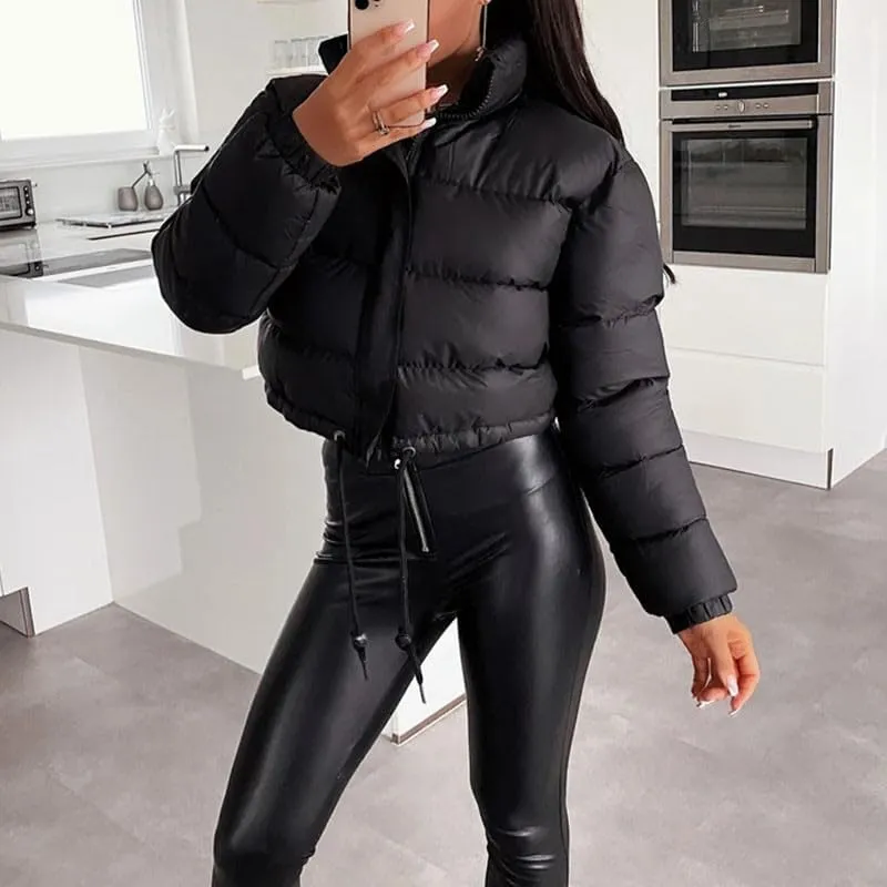 KELYWELL Women Winter Cropped Puffer Jacket Long Sleeve Stand Collar Padded Down Coats Winter Warm Short Outwear