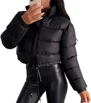 KELYWELL Women Winter Cropped Puffer Jacket Long Sleeve Stand Collar Padded Down Coats Winter Warm Short Outwear