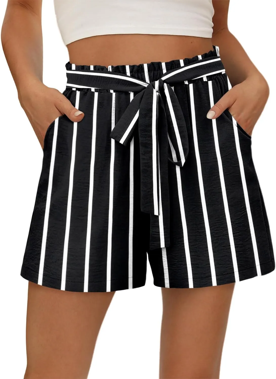 KISSMODA Womens Summer Shorts with Pockets Lightweight High Waisted Adjustable Tie Knot Loose Casual Short