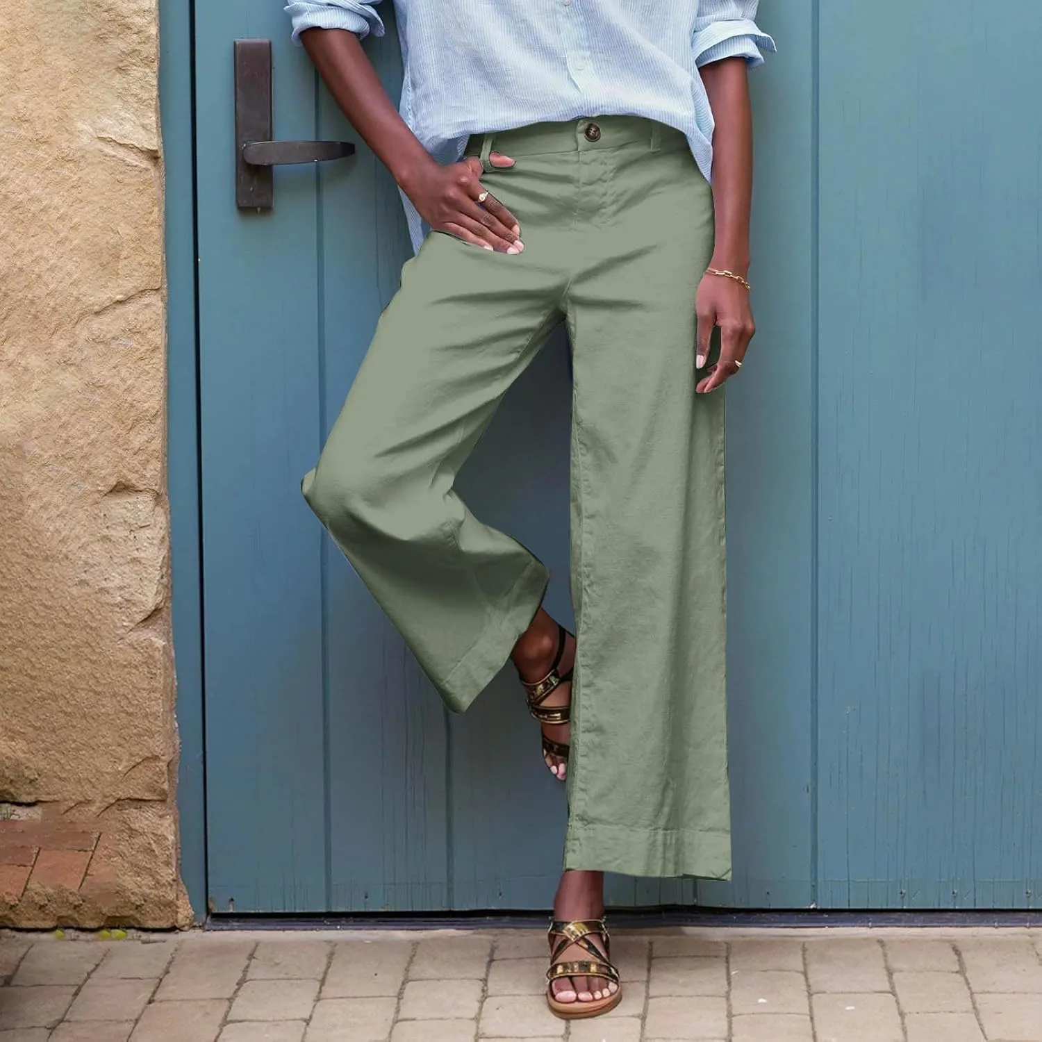 lcziwo Women Cropped Work Pants Elastic Waisted Flared Wide Leg Pants Baggy Business Casual Trousers Straight Leg Pants