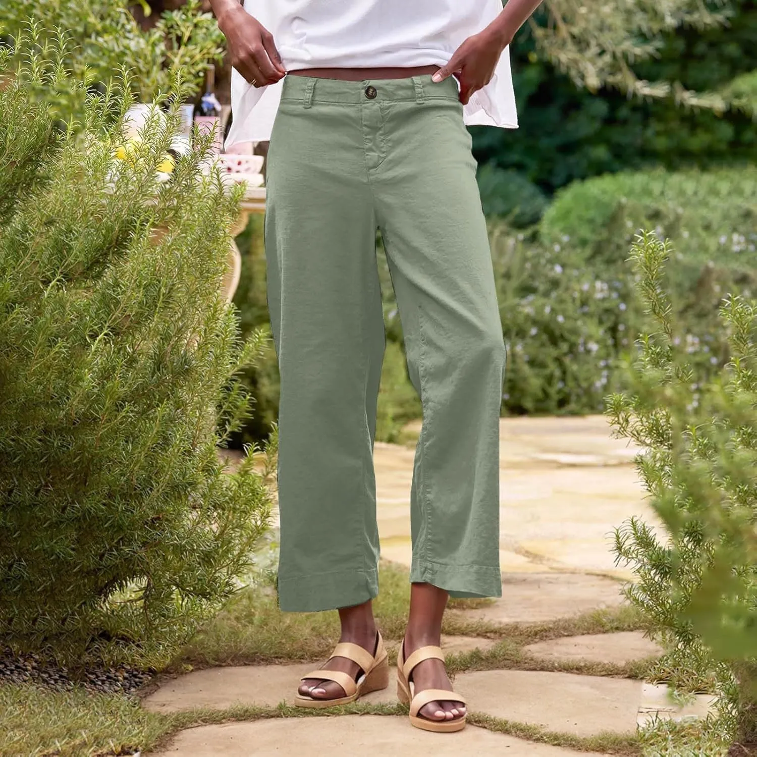 lcziwo Women Cropped Work Pants Elastic Waisted Flared Wide Leg Pants Baggy Business Casual Trousers Straight Leg Pants
