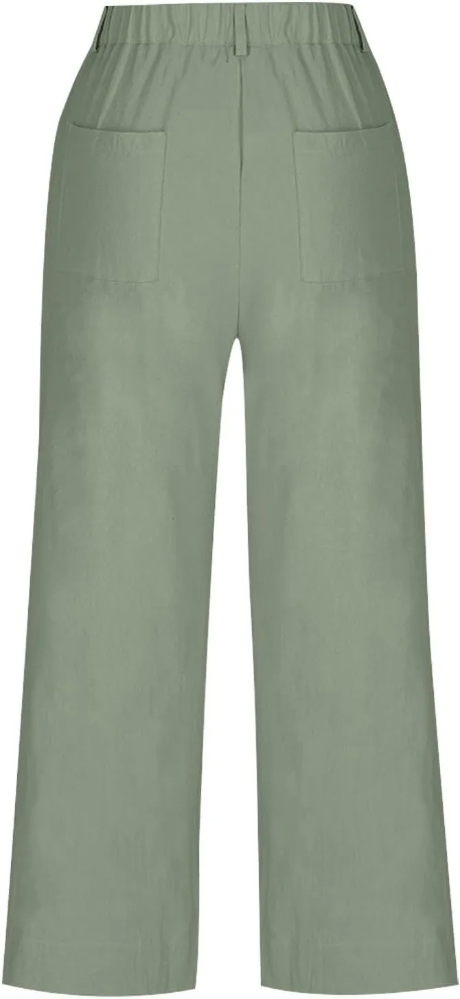 lcziwo Women Cropped Work Pants Elastic Waisted Flared Wide Leg Pants Baggy Business Casual Trousers Straight Leg Pants