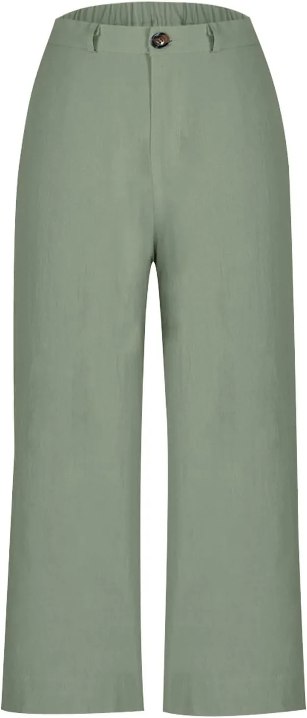 lcziwo Women Cropped Work Pants Elastic Waisted Flared Wide Leg Pants Baggy Business Casual Trousers Straight Leg Pants