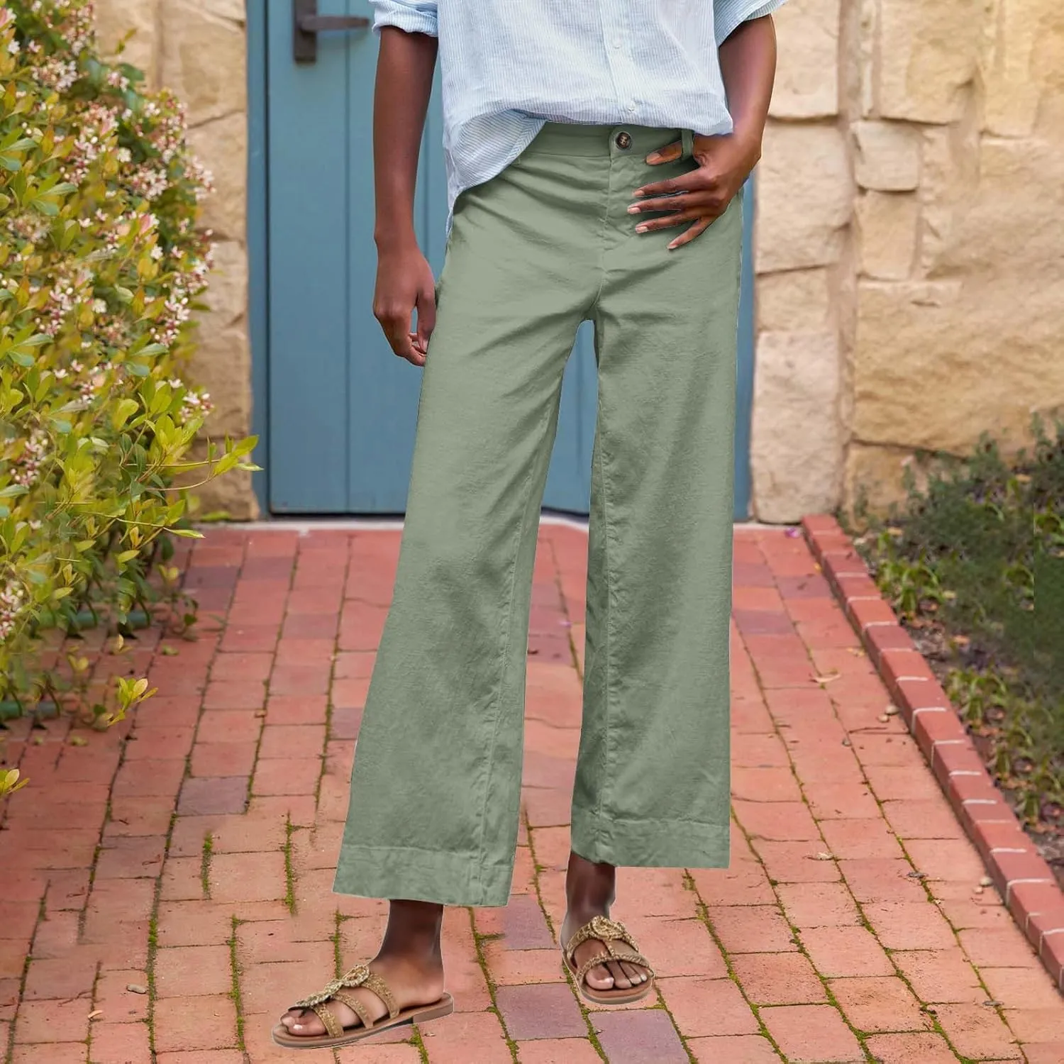 lcziwo Women Cropped Work Pants Elastic Waisted Flared Wide Leg Pants Baggy Business Casual Trousers Straight Leg Pants