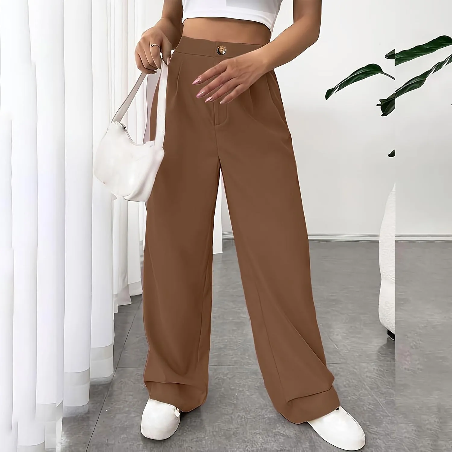 lcziwo Women's Straight Leg Pants High Waisted Loose Business Work Trousers Button Down Long Palazzo Solid Casual Trousers