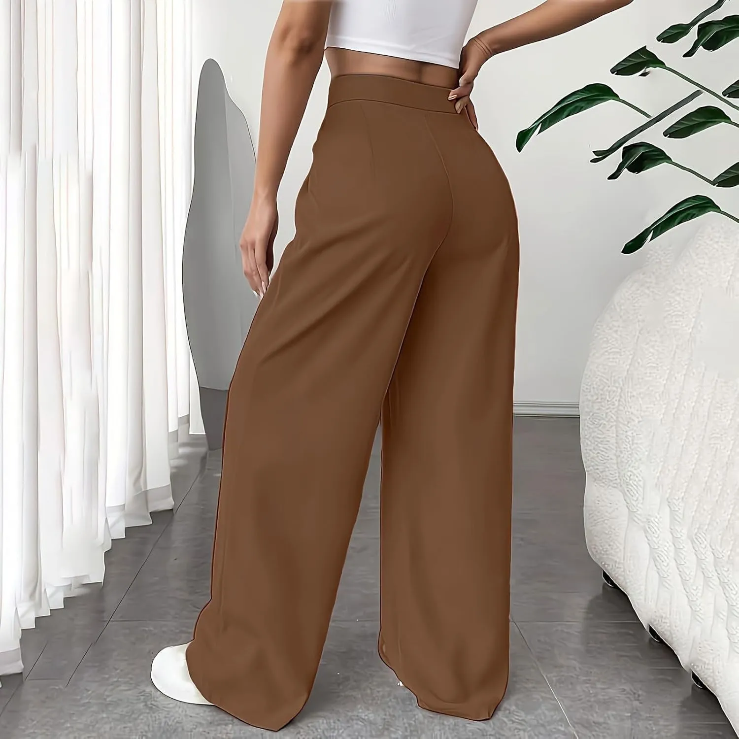 lcziwo Women's Straight Leg Pants High Waisted Loose Business Work Trousers Button Down Long Palazzo Solid Casual Trousers