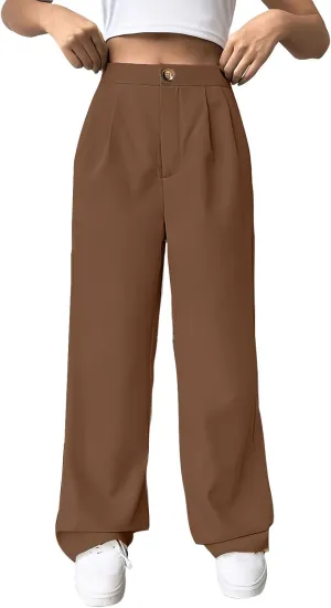 lcziwo Women's Straight Leg Pants High Waisted Loose Business Work Trousers Button Down Long Palazzo Solid Casual Trousers