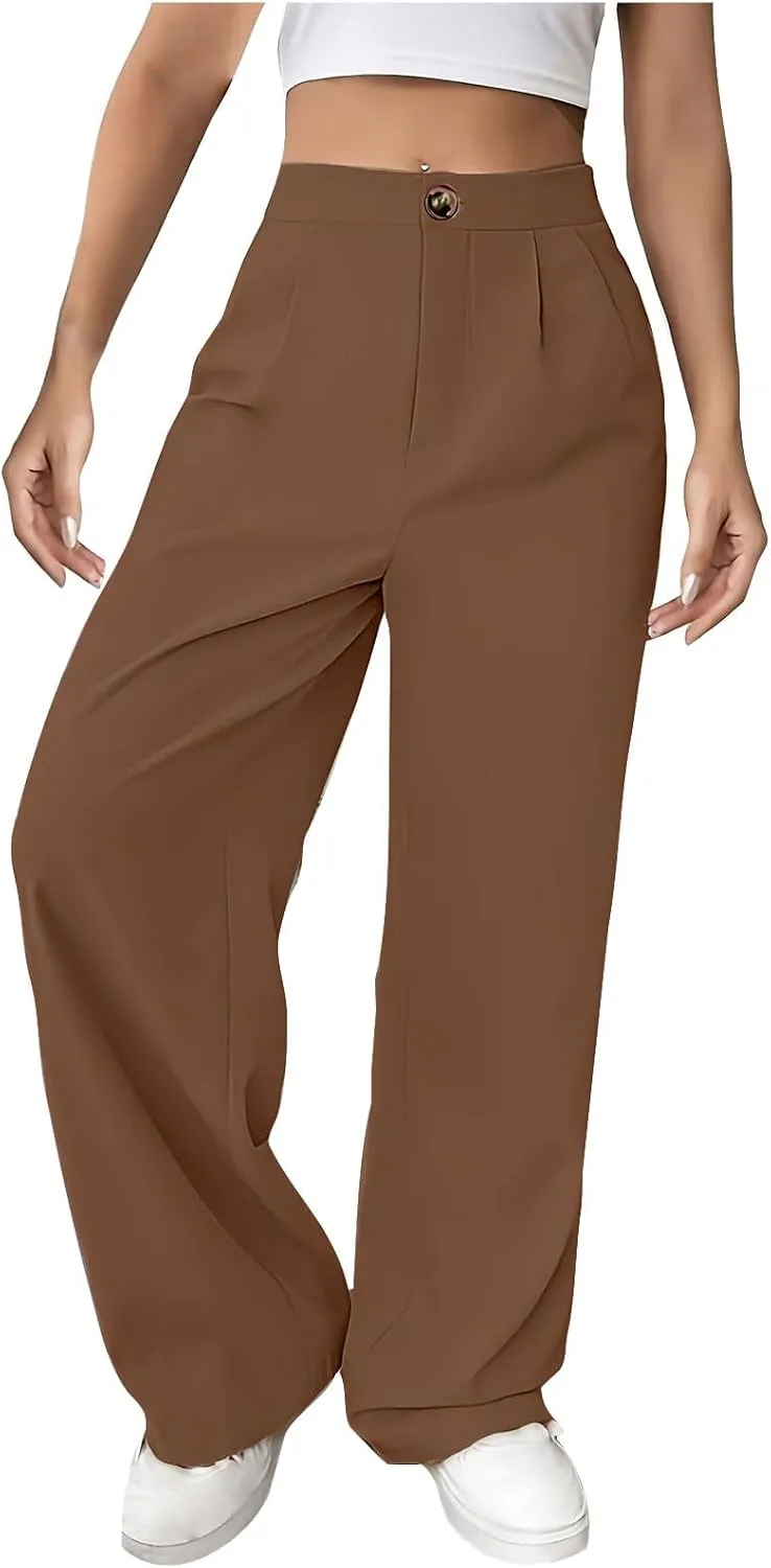 lcziwo Women's Straight Leg Pants High Waisted Loose Business Work Trousers Button Down Long Palazzo Solid Casual Trousers