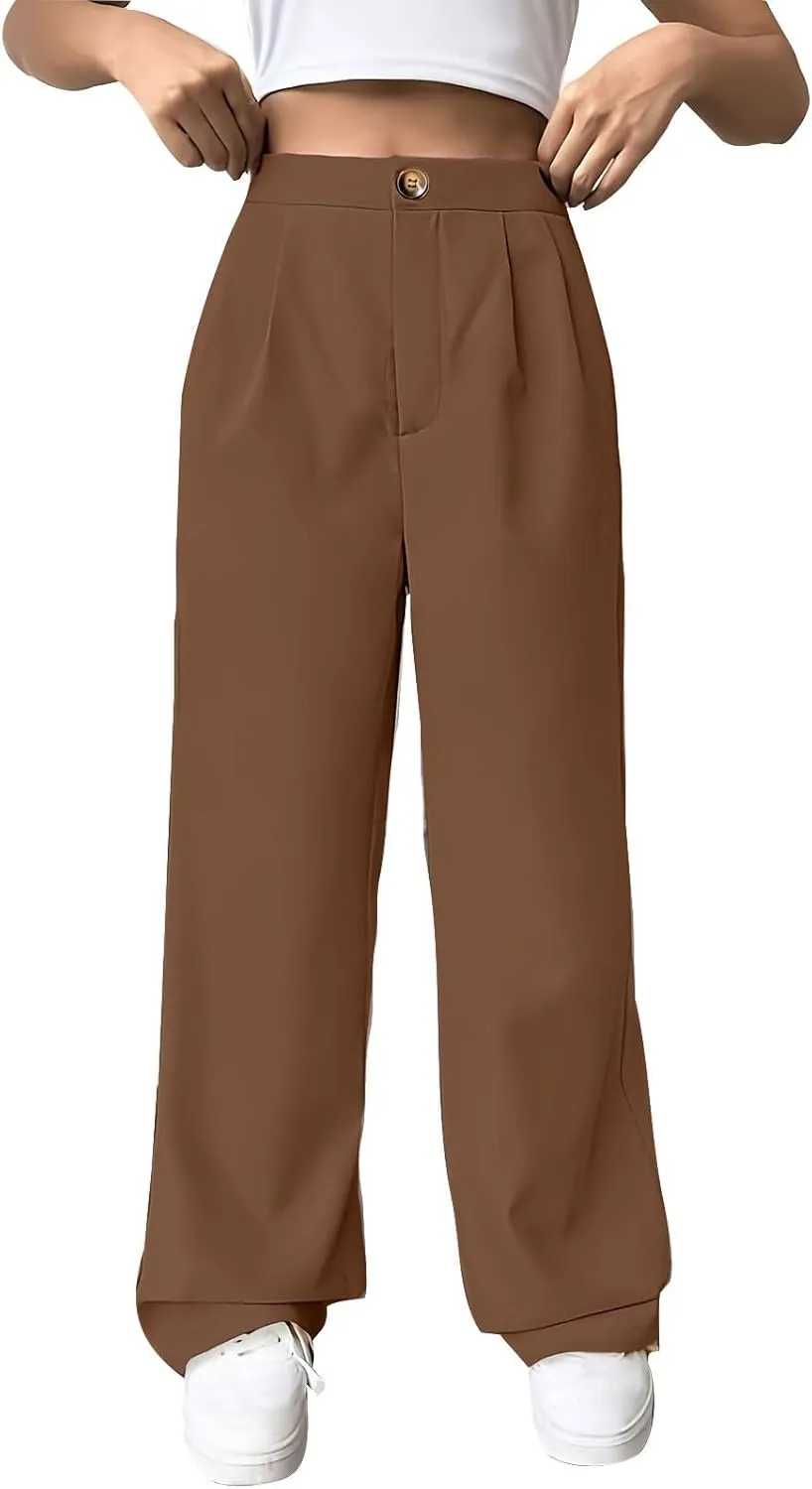 lcziwo Women's Straight Leg Pants High Waisted Loose Business Work Trousers Button Down Long Palazzo Solid Casual Trousers