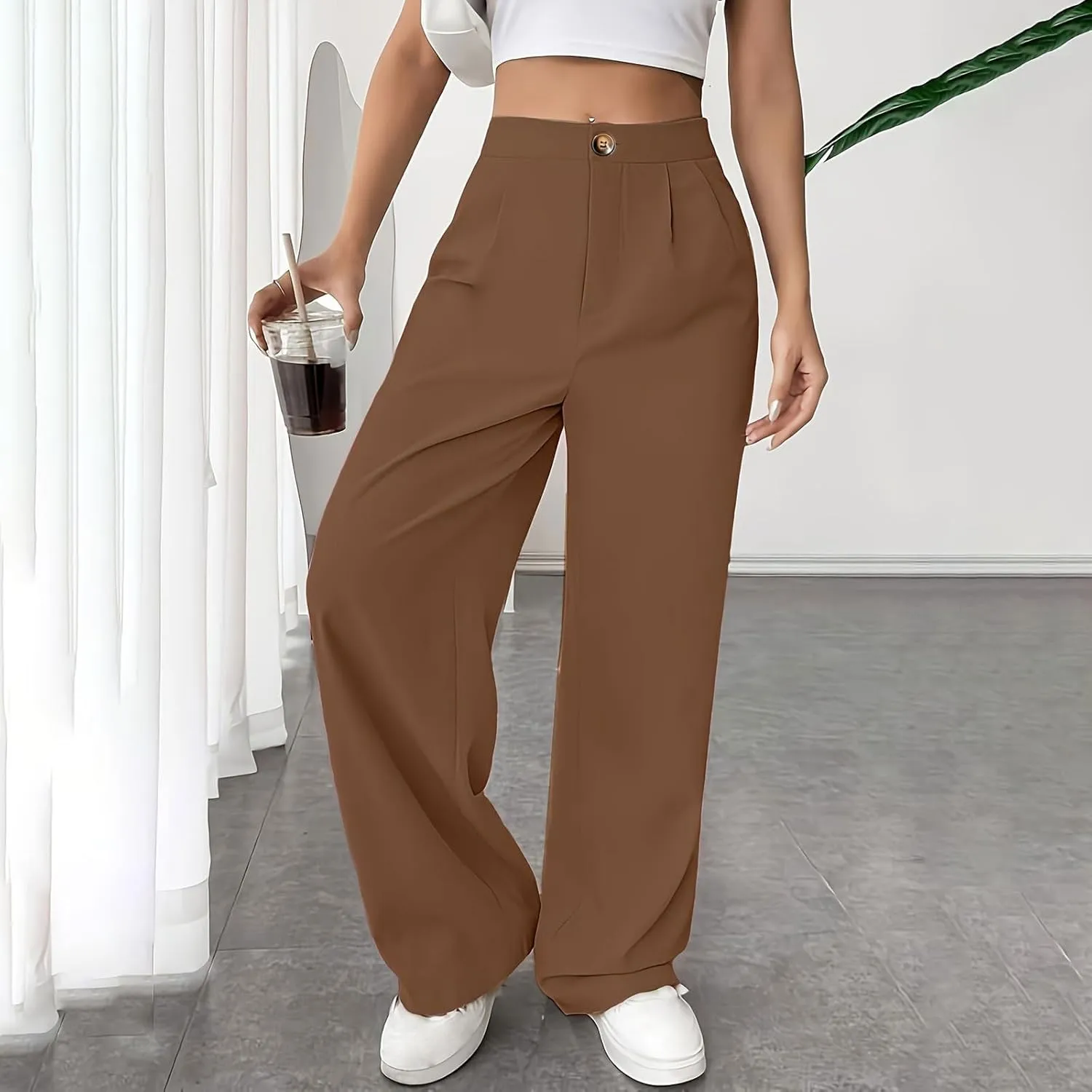 lcziwo Women's Straight Leg Pants High Waisted Loose Business Work Trousers Button Down Long Palazzo Solid Casual Trousers