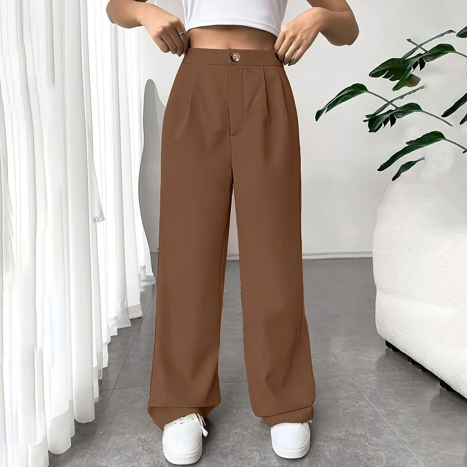 lcziwo Women's Straight Leg Pants High Waisted Loose Business Work Trousers Button Down Long Palazzo Solid Casual Trousers
