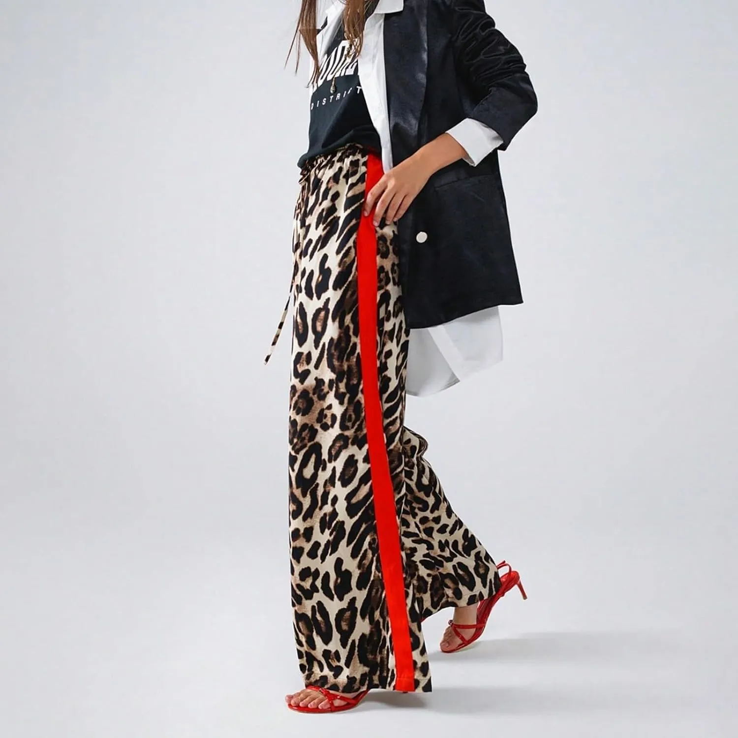 Leopard Print Pants for Women Casual High Waisted Wide Leg Pant Trendy Color Block Drawstring Straight Trousers 2025