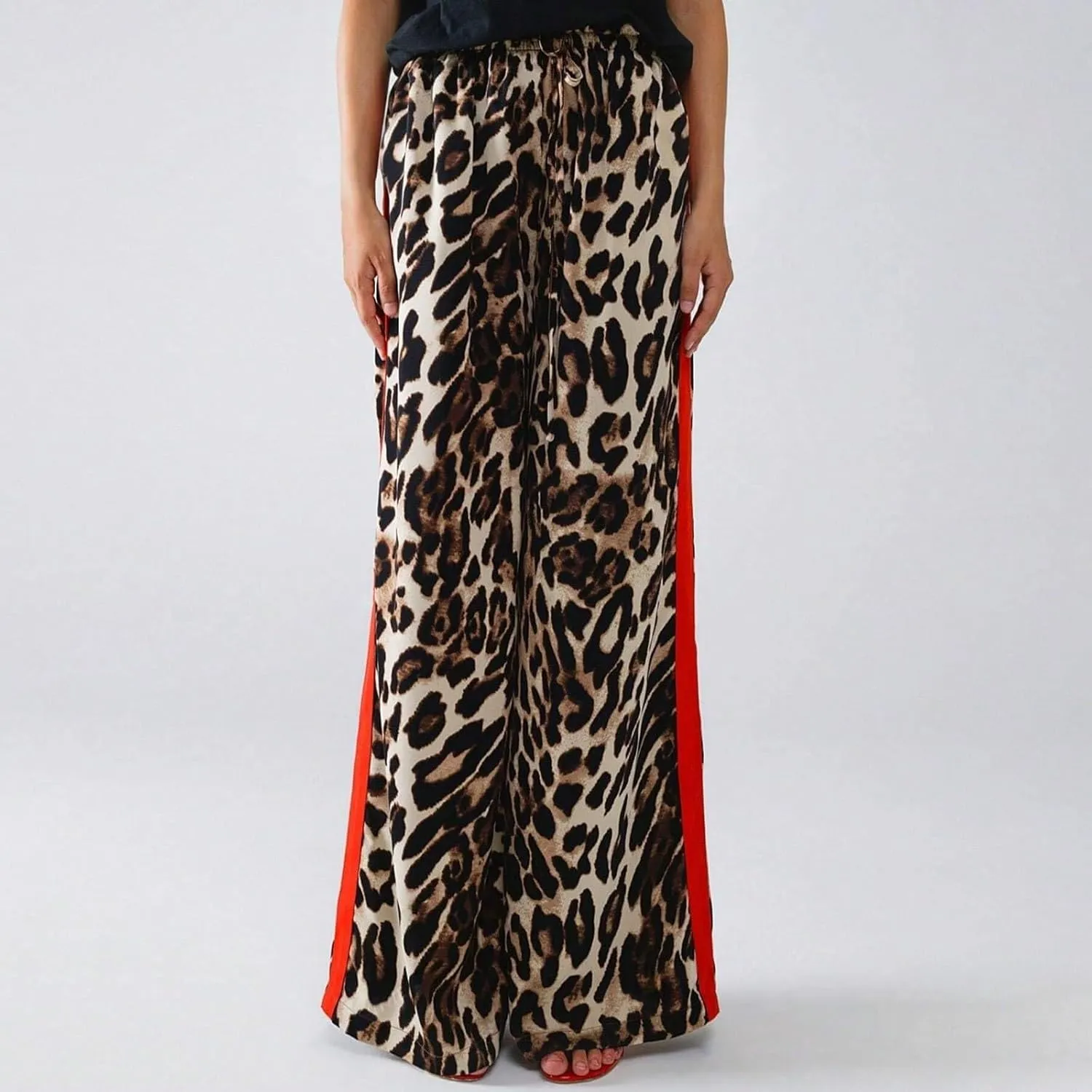 Leopard Print Pants for Women Casual High Waisted Wide Leg Pant Trendy Color Block Drawstring Straight Trousers 2025